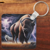Buffalo en Wolf in een onweersbui met bliksem Sleutelhanger (Achterkant)