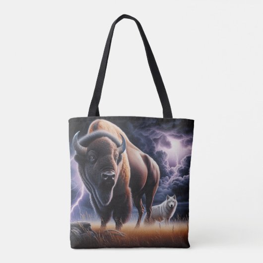Buffalo en Wolf in een onweersbui met bliksem Tote Bag (Achterkant)