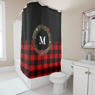 Buffalo geruite kerst monogram krans douchegordijn