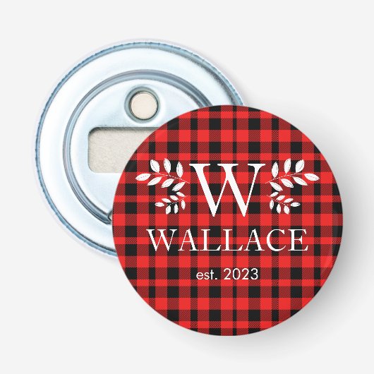 Buffalo geruite Kerstmonogram pasgetrouwd foto  Button Flesopener (Voorkant)