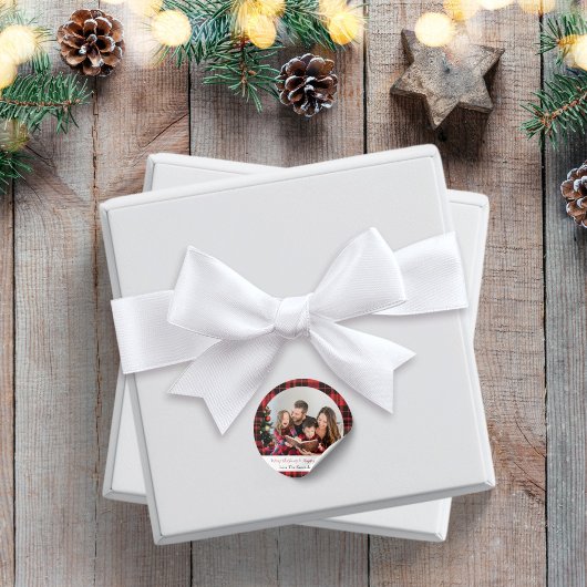 Buffalo geruite ronde kerstfoto sticker