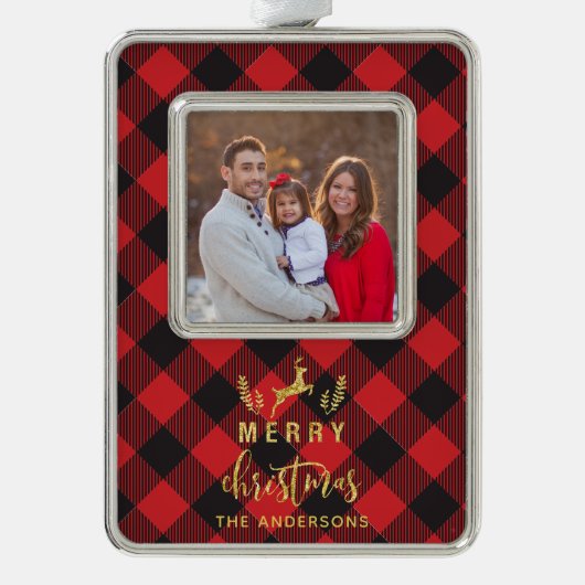 Buffalo geruite vrolijk kerst monogram verzilverd omlijst ornament (Voorkant)