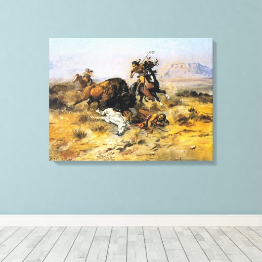 Buffalo Hunt door Charles M. Russell Canvas Afdruk (Insitu (Houten vloer))