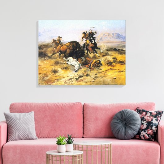 Buffalo Hunt door Charles M. Russell Canvas Afdruk (Insitu (Woonkamer))