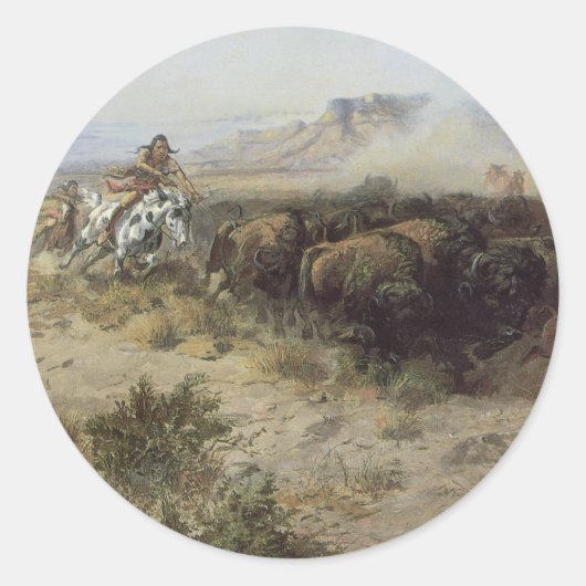 Buffalo Hunt No. 26 van CM Russell,  Indiërs Ronde Sticker (Voorkant)