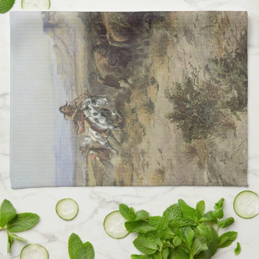 Buffalo Hunt No. 26 van CM Russell,  Indiërs Theedoek (Gevouwen)