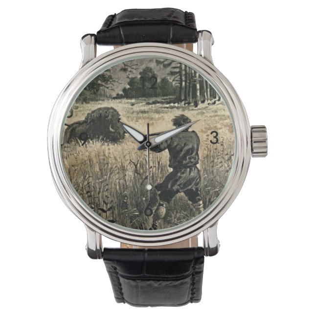 Buffalo Hunt Wild West Frontiersman Natuur Kunst Horloge (Voorkant)