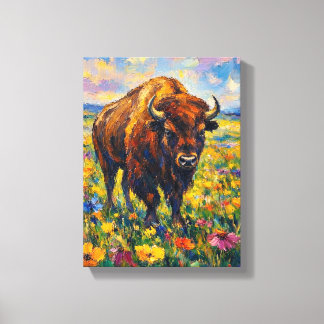 Buffalo in het veld met wilde bloemen Abstracte ku Canvas Afdruk