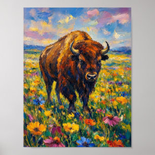 Buffalo in het veld met wilde bloemen Abstracte ku Poster