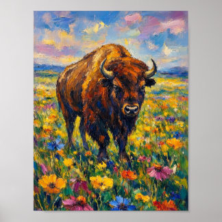 Buffalo in het veld met wilde bloemen Abstracte ku Poster