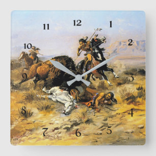 “Buffalo Jacht” Cowboy Kunst van Charles Russell Vierkante Klok