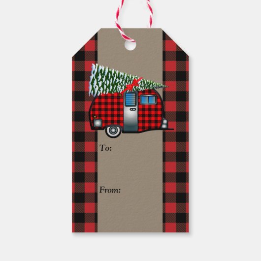 Buffalo met kerstkampeerwagen cadeaulabel (Achterkant)