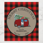 Buffalo met kerstkampeerwagen wijn etiket (Enkel label)