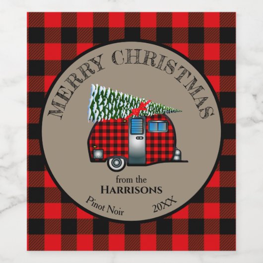 Buffalo met kerstkampeerwagen wijn etiket (Enkel label)