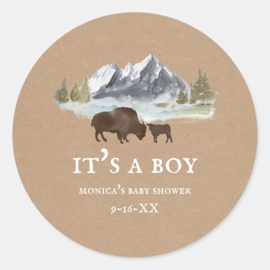 Buffalo Mountains Baby shower Cardstock Ronde Sticker (Voorkant)