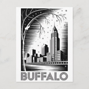 Buffalo New York Silhouette Zwart Wit Houtsnede Feestdagenkaart