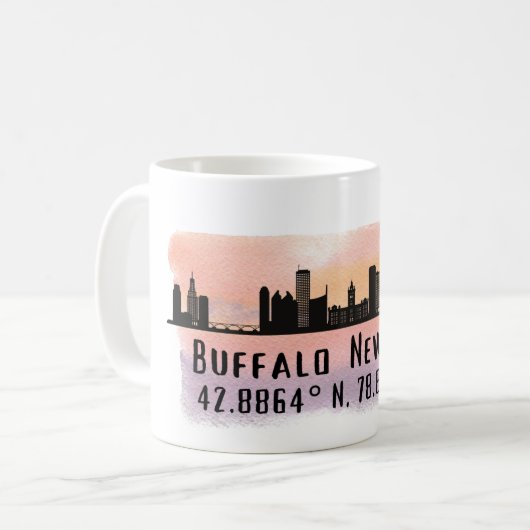 Buffalo NY City Skyline Latitude en Lengtegraad Koffiemok (Voorkant links)