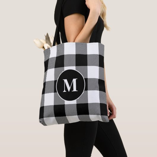 Buffalo Pattern Monogram Holiday Black en White Tote Bag (Dichtbij)