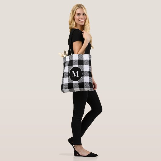 Buffalo Pattern Monogram Holiday Black en White Tote Bag (Op model)