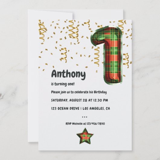 Buffalo Plaid Ballon 1e Verjaardag Uitnodiging (Voorkant)