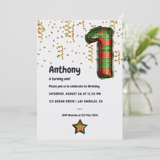 Buffalo Plaid Ballon 1e Verjaardag Uitnodiging (Staand voorkant)