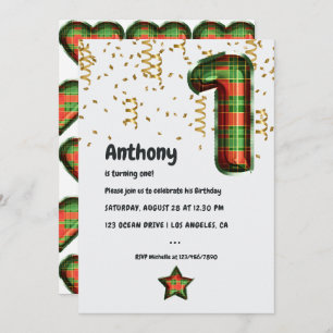 Buffalo Plaid Ballon 1e Verjaardag Uitnodiging