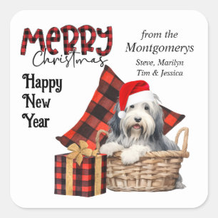 Buffalo Plaid Bearded Collie Puppy Vakantie Vierkante Sticker