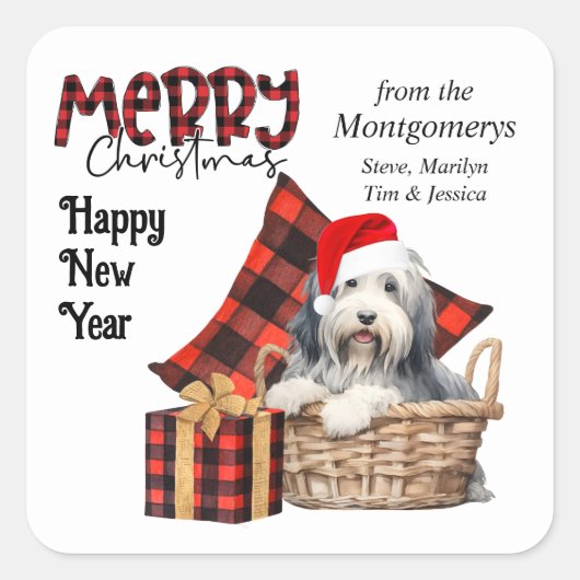 Buffalo Plaid Bearded Collie Puppy Vakantie Vierkante Sticker (Voorkant)