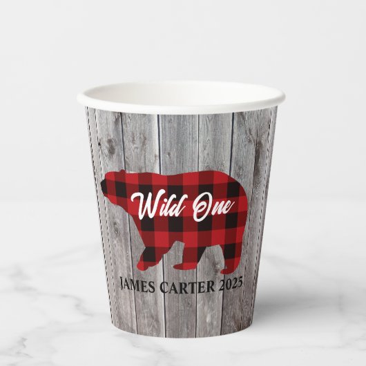 Buffalo Plaid Beer Wild One Boy 1st Verjaardagsfee Papieren Bekers (Voorkant)
