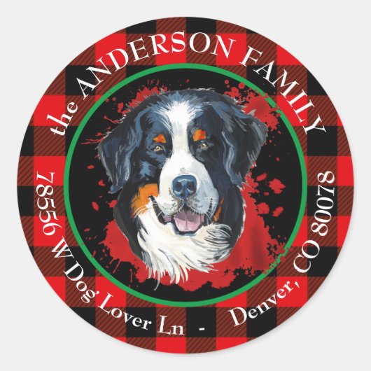 Buffalo Plaid Berner Sennenhond Retouradres Ronde Sticker (Voorkant)