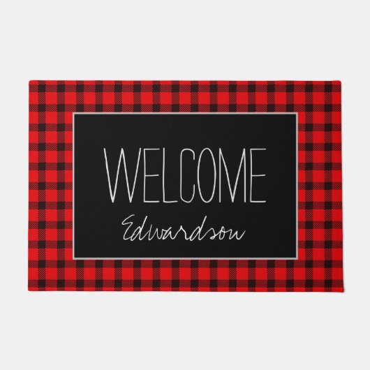 Buffalo plaid black welkomstnaam script deurmat (Voorkant)