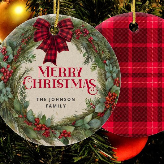 Buffalo Plaid Boerderij Kerstkrans Holly Keramisch Ornament