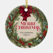 Buffalo Plaid Boerderij Kerstkrans Holly Keramisch Ornament (Voorkant)