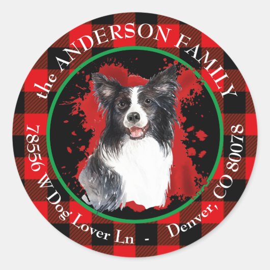 Buffalo Plaid Border Collie Hond Retouradres Ronde Sticker (Voorkant)