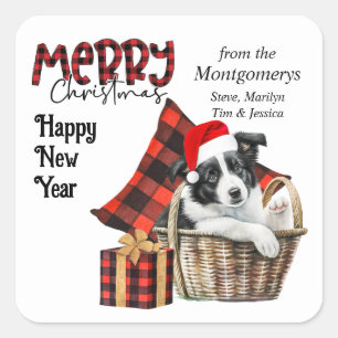 Buffalo Plaid Border Collie Puppy Kerstmis Vierkante Sticker