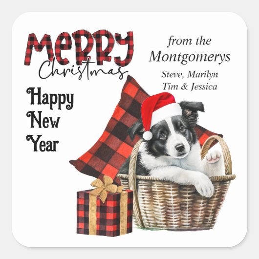 Buffalo Plaid Border Collie Puppy Kerstmis Vierkante Sticker (Voorkant)