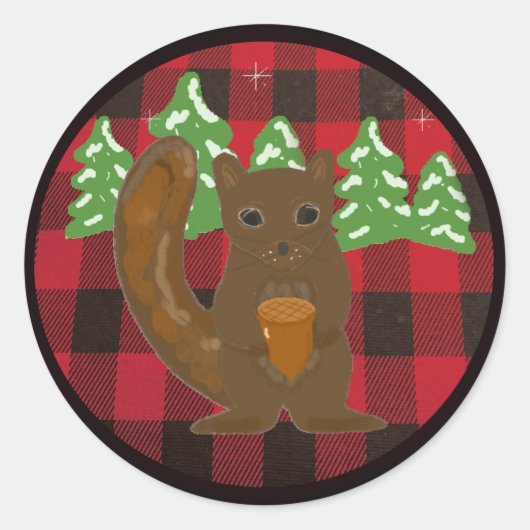 Buffalo Plaid Bos Eekhoorn Ronde Sticker (Voorkant)