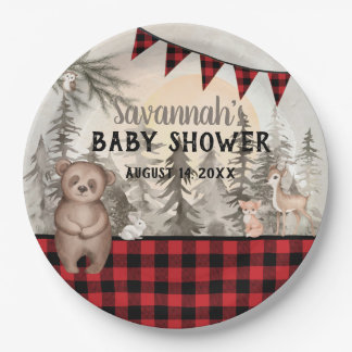 Buffalo Plaid bosdieren Baby shower Papieren Bordje