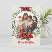 Buffalo Plaid Bow Krans Poinsettias Holly Berries Feestdagenkaart (Staand voorkant)