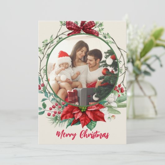 Buffalo Plaid Bow Krans Poinsettias Holly Berries Feestdagenkaart (Staand voorkant)