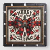 Buffalo Plaid Bow Merry Christmas Vierkante Klok (Voorkant)