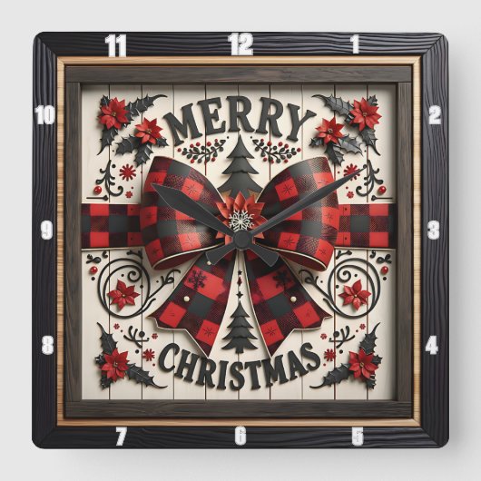 Buffalo Plaid Bow Merry Christmas Vierkante Klok (Voorkant)