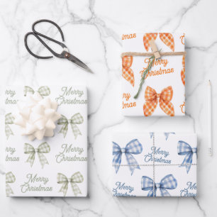 Buffalo Plaid Bows Sage Peach Blue Merry Christmas Inpakpapier Vel