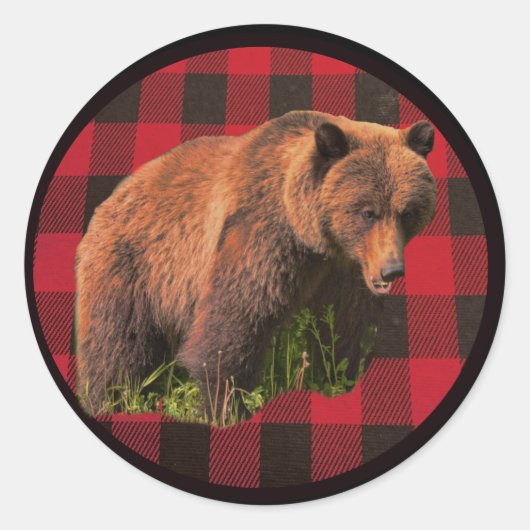 Buffalo Plaid Bruine Beer Ronde Sticker (Voorkant)
