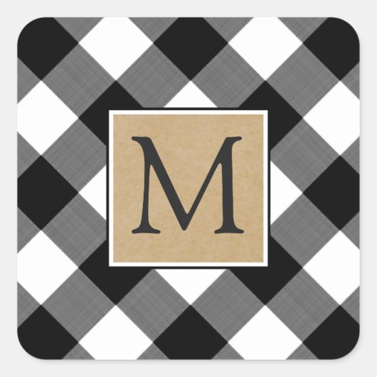 Buffalo Plaid Bruine Kraft Monogram Vierkante Sticker (Voorkant)