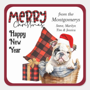 Buffalo Plaid Bulldog Puppy Kerstmis Vierkante Sticker