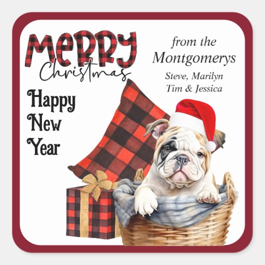 Buffalo Plaid Bulldog Puppy Kerstmis Vierkante Sticker (Voorkant)