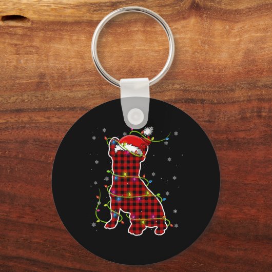 Buffalo Plaid Bulldog Santa Kerstmis Pyjama Match Sleutelhanger (Voorkant)