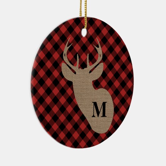 Buffalo Plaid Burlap Deer Monogram Keramisch Ornament (Rechts)