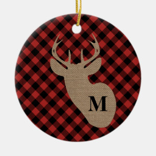 Buffalo Plaid Burlap Deer Monogram Keramisch Ornament